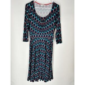 Boden Sz 10 Retro Geometric Jersey Dress Long‎ Fit Flare Mid Mod Flowy Scandi